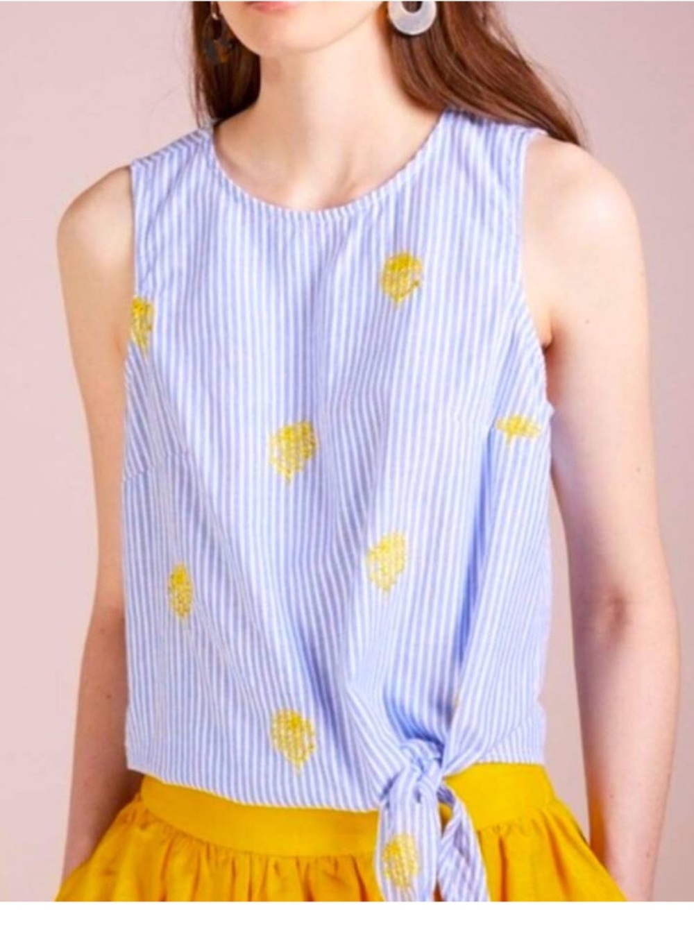 J Crew Striped Blue Sleeveless Tie-Hem Top with Yellow Pineapple Embroidery
